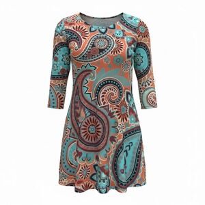Azalea by Firmiana Womens Paisley Tunic Top 3/4 Sleeve Orange Teal Large